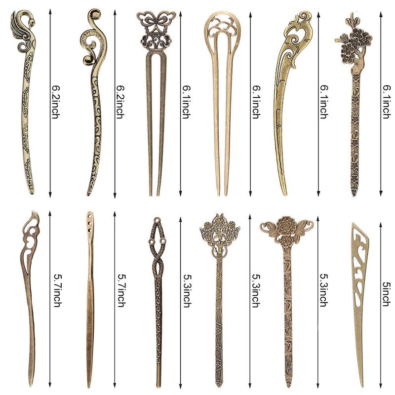 AUHOKY 12 Pieces Chinese Women Hair Sticks, AUHOKY 12 Styles Vintage Bronze Decorative Hair Pin Chopsticks, Antique Retro Hair Forks for Hair DIY Accessory - Image 3